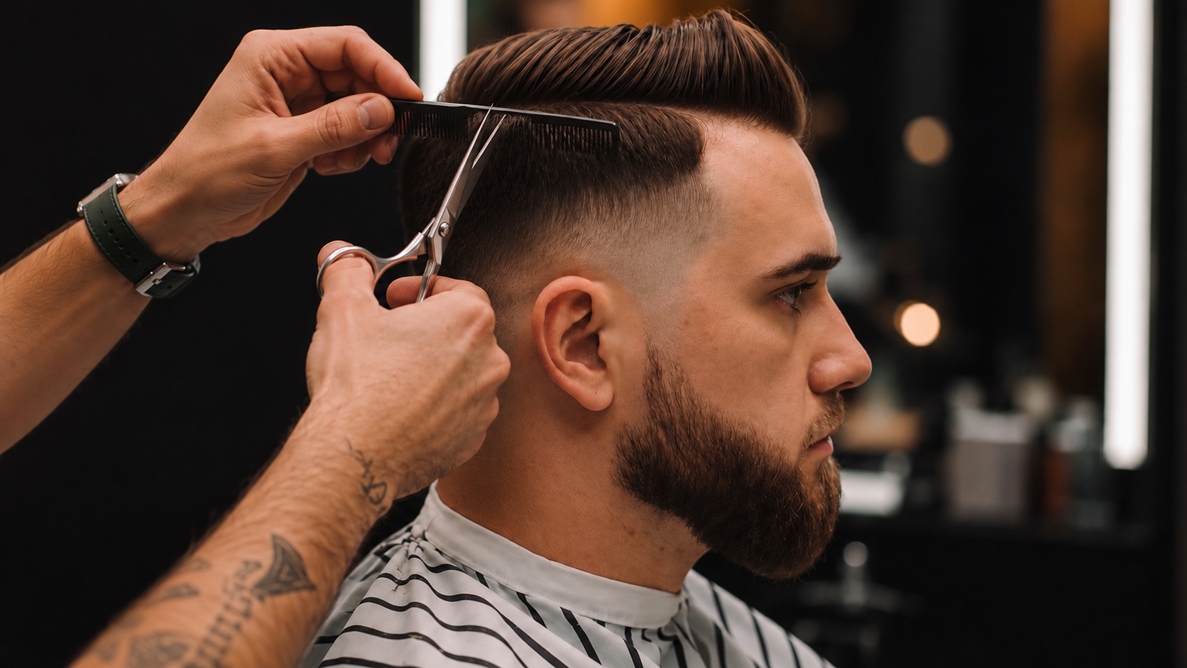Barber utfører en presis fade på en kunde i Zrian Frisør sin salong i Sandefjord